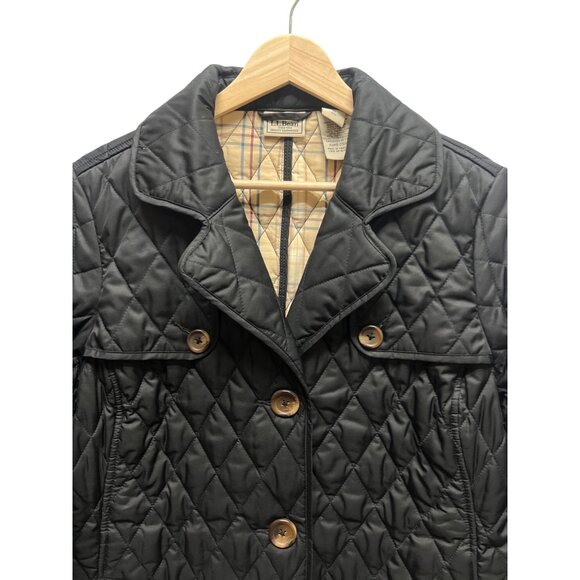 L.L. Bean Vintage 90's Long Black Quilted Barn Chore Car Coat with Plaid Interio - Picture 3 of 7